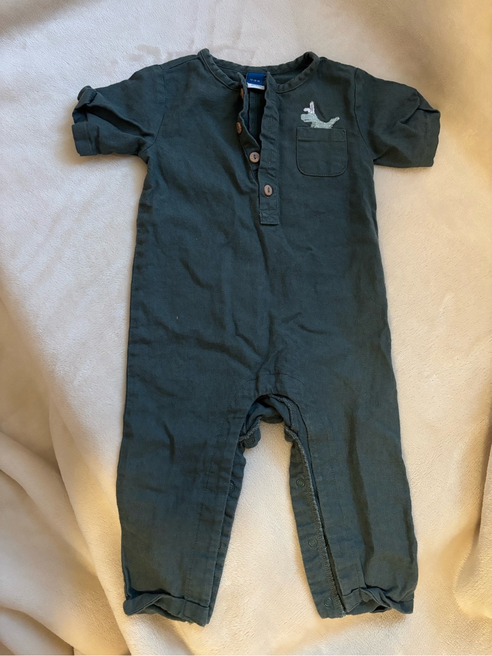 Old Navy Baby Short-Sleeve Linen-Blend One-Piece Green Romper Dinosaur 12-18M